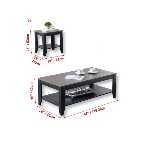 IFDC - Set of 1 Coffee Table and 2 Side Table with Wooden Top and Black Metal Base