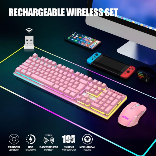 K10 Wireless Gaming Keyboard and Mouse Combo – LED Backlit, Rechargeable 3800mAh, Anti-Ghosting Keyboard + 7D 3200DPI Mouse for PC Gaming
