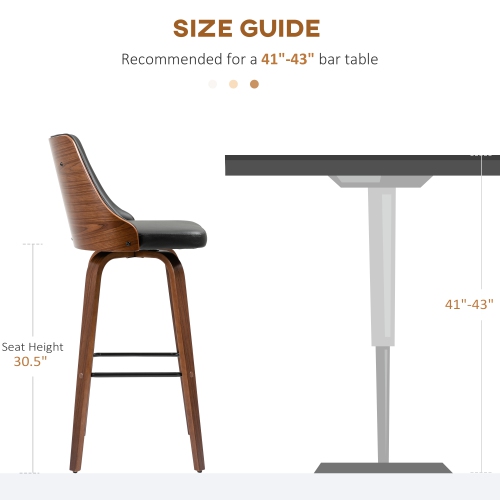 HOMCOM – Ensemble de 2 tabourets de bar pivotants recouverts de cuir PU, pieds en bois massif et dossier capitonné, noir