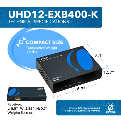 4K UltraHD 1x2 HDMI Extender Splitter Over CAT6/7 Up To 400 Ft With HDBaseT, EDID, Bi-Directional IR