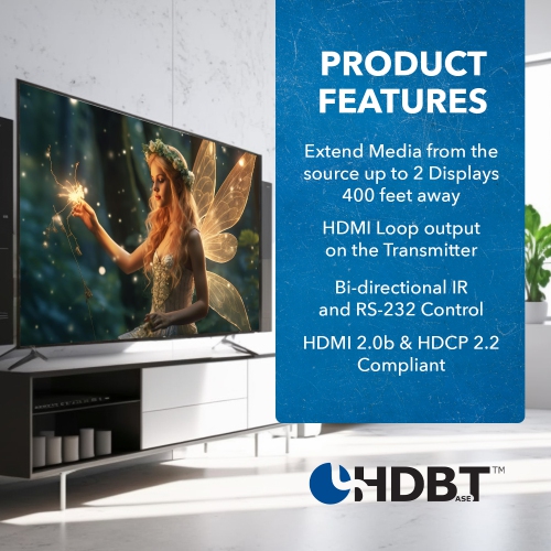 4K UltraHD 1x2 HDMI Extender Splitter Over CAT6/7 Up To 400 Ft With HDBaseT, EDID, Bi-Directional IR