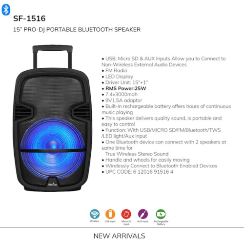 Digital Sunflash SF-1516 15'' Bluetooth Speaker