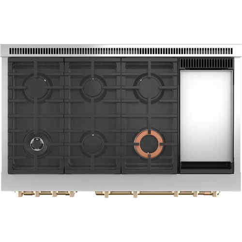 Cuisinière biénergie avec friture à air chaud autonome 6 brûleurs deux fours 8,25 pi² 48 po Café - Blanc mat