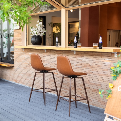 Homy Casa Modern 2-Piece Swivel Dining Stool Set with Soft PU Sturdy Iron Frame, Cognac Faux Leather