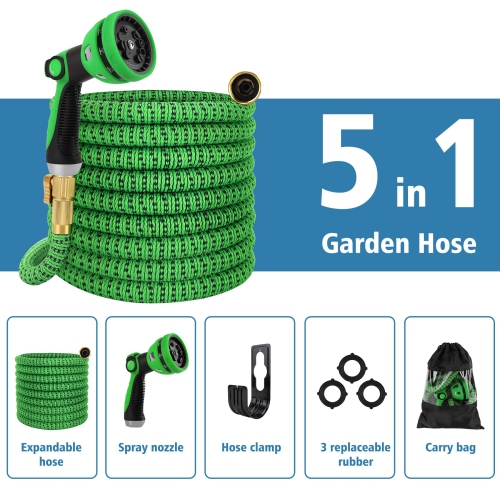Furniture One Garden Expandable Water Hose 25 ft with 10 Function Nozzle GreenBlack