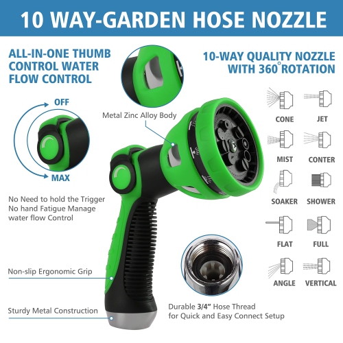 Furniture One Garden Expandable Water Hose 25 ft with 10 Function Nozzle GreenBlack