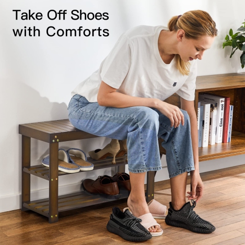 Furniture One Bamboo Shoe Rack Bench 3-Tier Brown