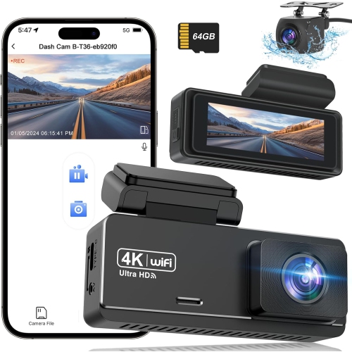 4K Front and Rear Dash Cam with WiFi & 64GB Card, 4K+1080P Car Camera, App-Controlled DashCam with 2.99" Screen, 24-Hour Parking Monitor & G-Sensor