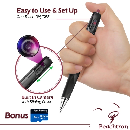 PEACHTRON Portable 1080P Camera Pen with 64GB SD Card