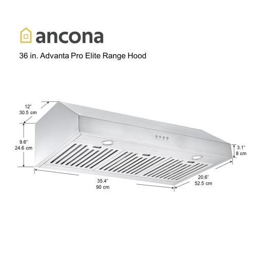 Ancona 36" Advanta Pro Elite Series Range Hood with 625 CFM and 3-Speed Electronic Controls