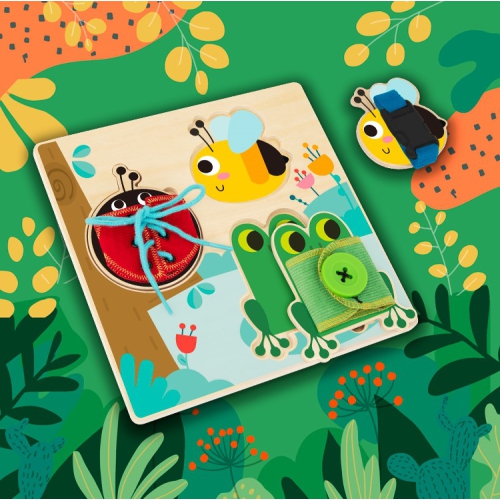 TOOKYLAND Wooden Basic Skills Board - 5pcs - Learn to Lace, Tie, Snap and Button, Ages 3+