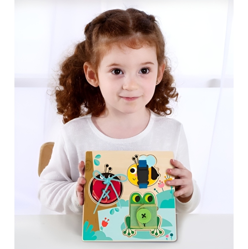 TOOKYLAND Wooden Basic Skills Board - 5pcs - Learn to Lace, Tie, Snap and Button, Ages 3+