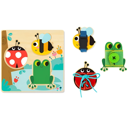 TOOKYLAND Wooden Basic Skills Board - 5pcs - Learn to Lace, Tie, Snap and Button, Ages 3+