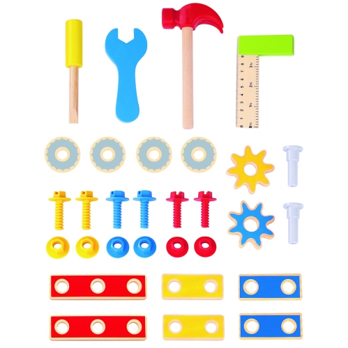 TOOKYLAND Pretend Play Wooden Workbench - 31pcs Builder's Tool Bench Play Set for Kids, Ages 3+