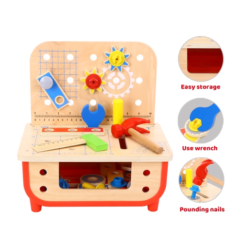 TOOKYLAND Pretend Play Wooden Workbench - 31pcs Builder's Tool Bench Play Set for Kids, Ages 3+