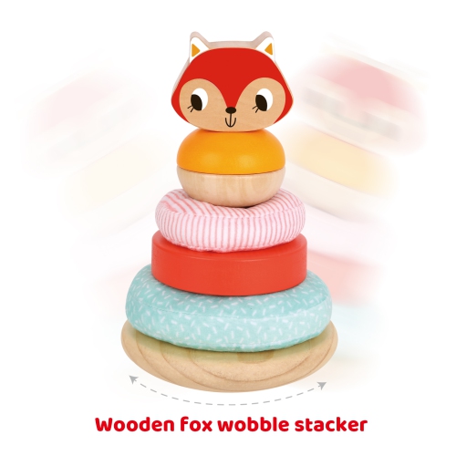 TOOKYLAND Fox Wobble Stacker Toy - 7pcs - Wood and Fabric Stacking Tower, Ages 12m+