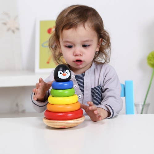 TOOKYLAND Wooden Penguin Wobble Stacker - 7pcs Stacking Tower Toy, Ages 12m+