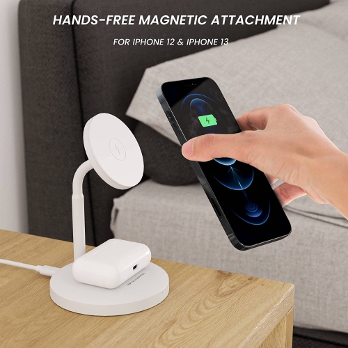 Techsmarter Magnetic 2-in-1 Wireless Charging Stand with 20W USB-C PD Wall Charger. For iPhone 12, 13, 14 and AirPods with Wireless Charging Case