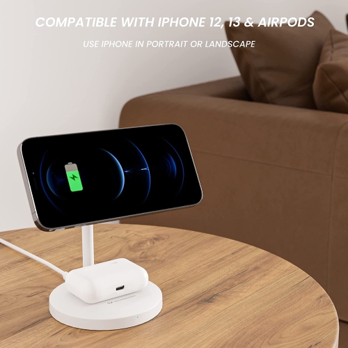 Techsmarter Magnetic 2-in-1 Wireless Charging Stand with 20W USB-C PD Wall Charger. For iPhone 12, 13, 14 and AirPods with Wireless Charging Case