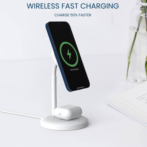 Techsmarter Magnetic 2-in-1 Wireless Charging Stand with 20W USB-C PD Wall Charger. For iPhone 12, 13, 14 and AirPods with Wireless Charging Case