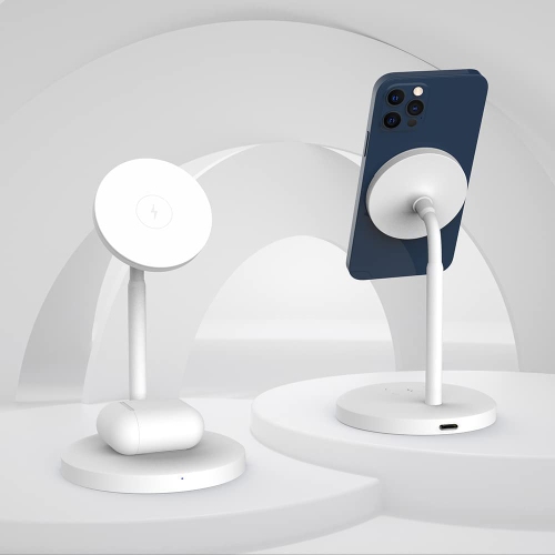 Techsmarter Magnetic 2-in-1 Wireless Charging Stand with 20W USB-C PD Wall Charger. For iPhone 12, 13, 14 and AirPods with Wireless Charging Case