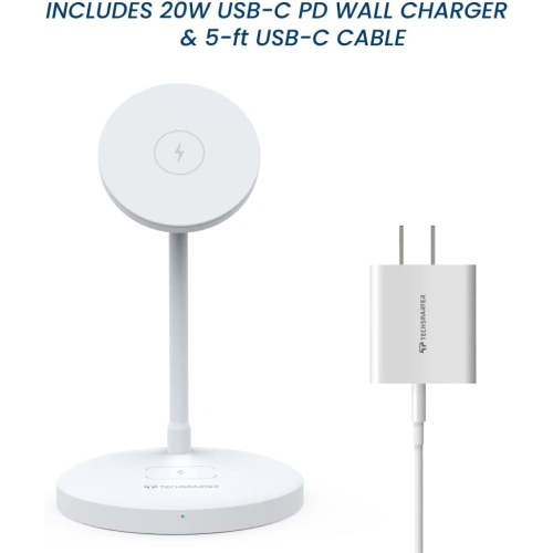 Techsmarter Magnetic 2-in-1 Wireless Charging Stand with 20W USB-C PD Wall Charger. For iPhone 12, 13, 14 and AirPods with Wireless Charging Case