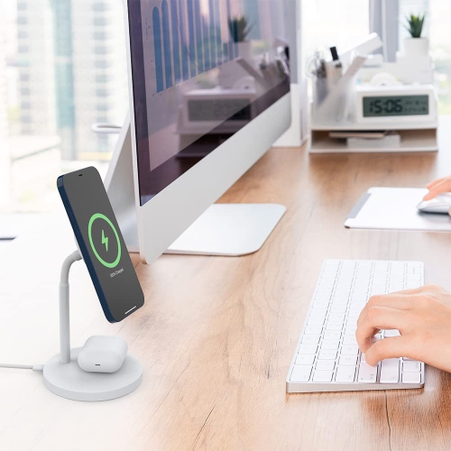 Techsmarter Magnetic 2-in-1 Wireless Charging Stand with 20W USB-C PD Wall Charger. For iPhone 12, 13, 14 and AirPods with Wireless Charging Case