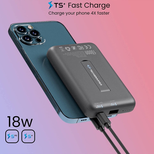 Techsmarter 10000mAh Magnetic Wireless Power Bank Portable Phone Charger with Kickstand. Compatible with iPhone 12, 13, 14 Phones
