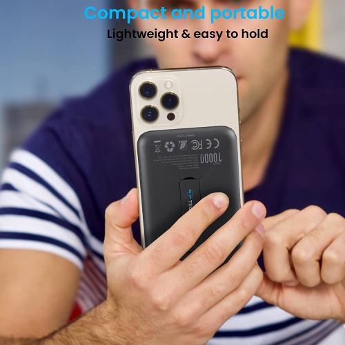 Techsmarter 10000mAh Magnetic Wireless Power Bank Portable Phone Charger with Kickstand. Compatible with iPhone 12, 13, 14 Phones