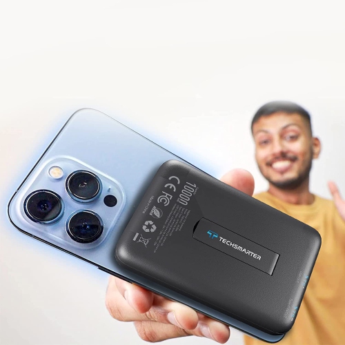 Techsmarter 10000mAh Magnetic Wireless Power Bank Portable Phone Charger with Kickstand. Compatible with iPhone 12, 13, 14 Phones