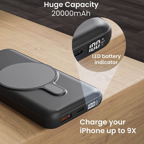 Techsmarter 20000mAh 20W USB-C PD Magnetic Wireless Power Bank/Charger for iPhone 12, 13, 14