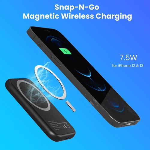 Techsmarter Magnetic 5000mAh Wireless Power Bank. 18W USB-C PD Portable Phone Charger with Finger Holder. Compatible with iPhone 12, 13, 14