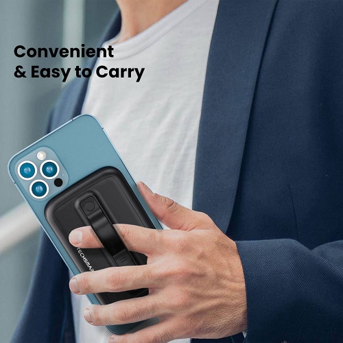 Techsmarter Magnetic 5000mAh Wireless Power Bank. 18W USB-C PD Portable Phone Charger with Finger Holder. Compatible with iPhone 12, 13, 14
