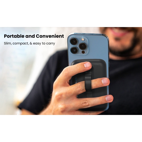 Techsmarter Magnetic 5000mAh Wireless Power Bank. 18W USB-C PD Portable Phone Charger with Finger Holder. Compatible with iPhone 12, 13, 14