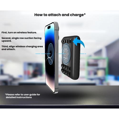 Techsmarter 10000mAh Fast Bank Portable Charger with Anti-Slip Suction Cups. Wireless Power Compatible with iPhone 14, 13, 12, 11, X, XR, XS, Samsung