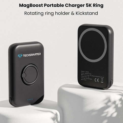 Techsmarter Magnetic 5000mAh Wireless Qi Power Bank with Ring Finger Holder & Kickstand. 18W USB-C PD Portable Phone Charger. Compatible with iPhone