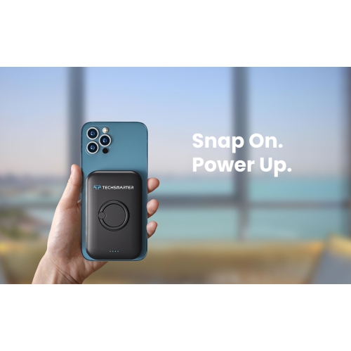 Techsmarter Magnetic 5000mAh Wireless Qi Power Bank with Ring Finger Holder & Kickstand. 18W USB-C PD Portable Phone Charger. Compatible with iPhone