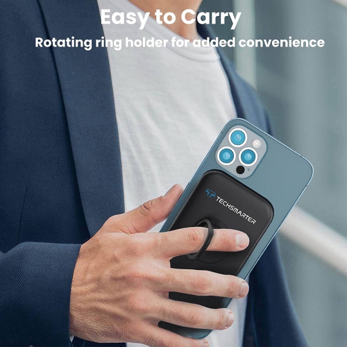 Techsmarter Magnetic 5000mAh Wireless Qi Power Bank with Ring Finger Holder & Kickstand. 18W USB-C PD Portable Phone Charger. Compatible with iPhone