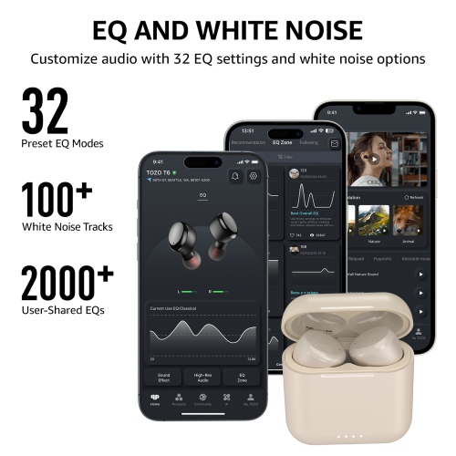 TOZO T6 In-Ear Sound Isolating True Wireless Headphones Bluetooth Earbuds IPX8 Water Resistance - Champaign