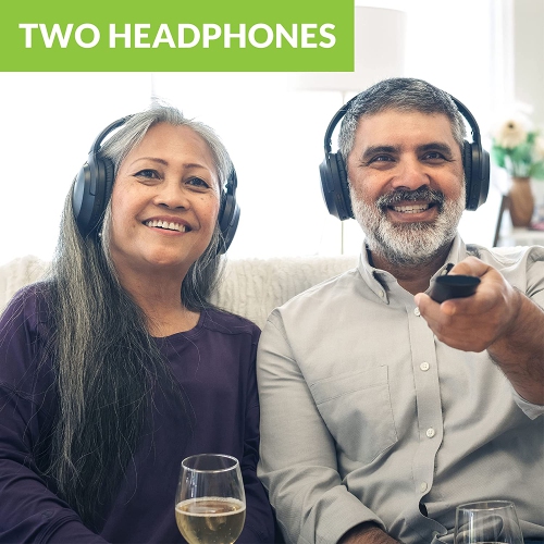 Avantree Duet - Dual Wireless Headphones for TV Watching with Transmitter/Charging Stand 2-in-1, Clear Dialogue Mode & Volume Boost for Seniors,