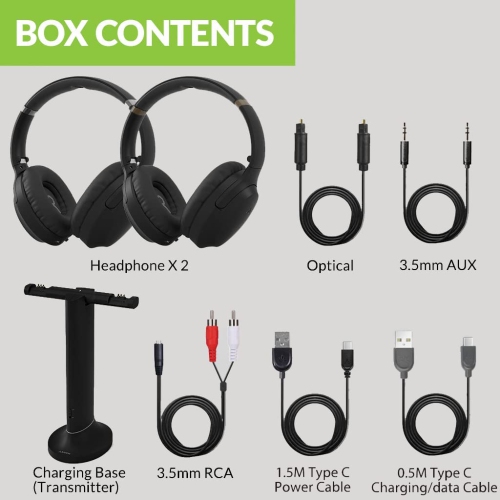 Avantree Duet - Dual Wireless Headphones for TV Watching with Transmitter/Charging Stand 2-in-1, Clear Dialogue Mode & Volume Boost for Seniors,