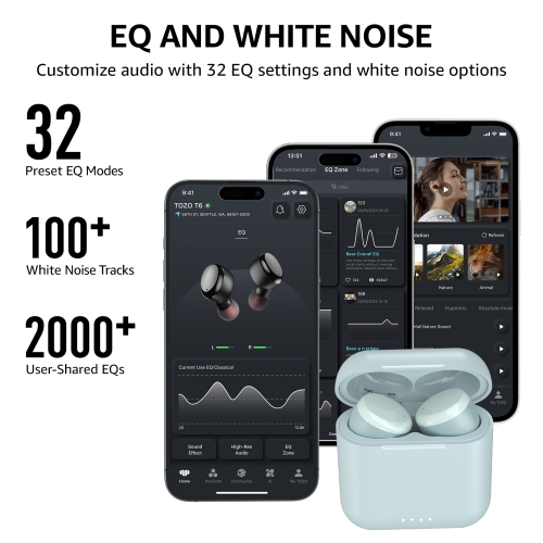 TOZO T6 In-Ear Sound Isolating True Wireless Headphones Bluetooth Earbuds IPX8 Water Resistance - Blue