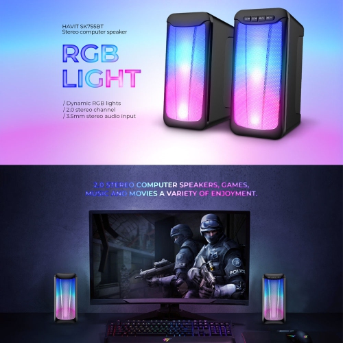 Havit SK755BT RGB, 2.0 Stereo channels wired 3.5mm Audio + wireless bluetooth v5.0 gaming speaker