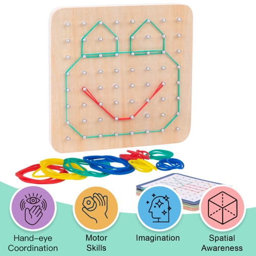 TOOKYLAND Géoplan en Bois pour Enfants - 69pcs - Planche, Élastiques et Cartes de Référence, 3 ans +