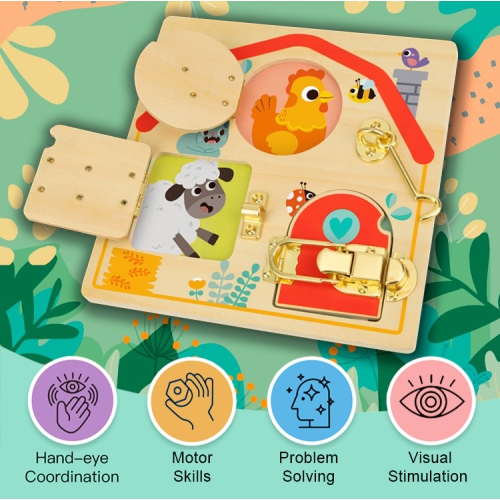 TOOKYLAND Activity Board with Latches - Fine Motor Skills Developmental Toy in Wood, Ages 3+