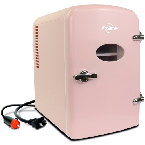 KOOLATRON  4L Retro Portable Mini Fridge, 12V Dc And 110V Ac Cords, 6 Can Personal Cooler, Desk Accessory for Home Office Dorm Travel In Pink