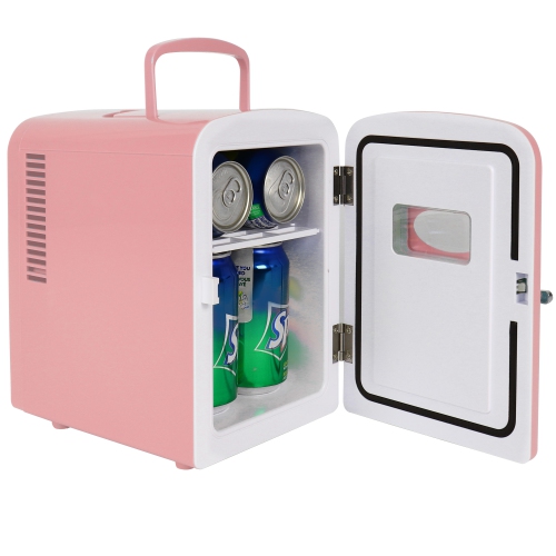 Koolatron 4L Retro Portable Mini Fridge, 12V DC and 110V AC Cords, 6 Can Personal Cooler, Desk Accessory for Home Office Dorm Travel, Pink