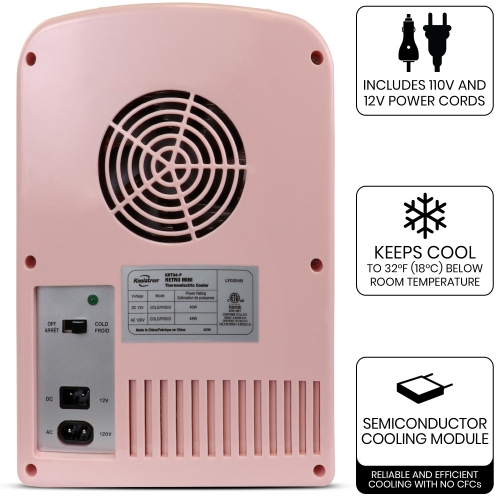 Koolatron 4L Retro Portable Mini Fridge, 12V DC and 110V AC Cords, 6 Can Personal Cooler, Desk Accessory for Home Office Dorm Travel, Pink