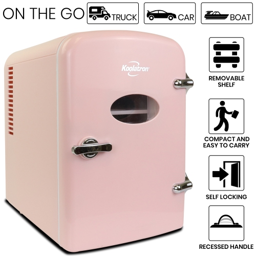 Koolatron 4L Retro Portable Mini Fridge, 12V DC and 110V AC Cords, 6 Can Personal Cooler, Desk Accessory for Home Office Dorm Travel, Pink