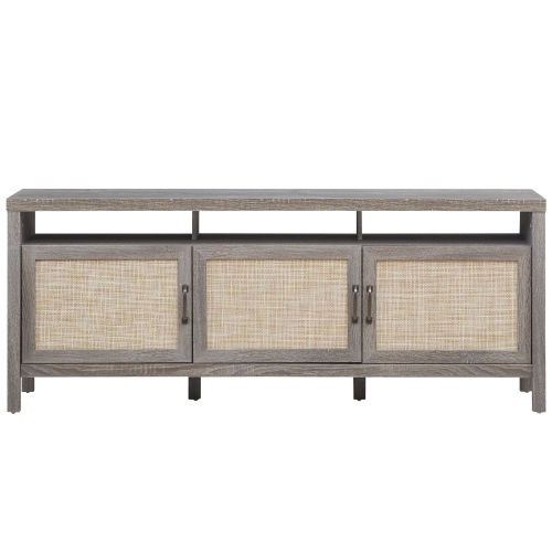 Topbuy Universal TV Stand Cabinet Television Media Console with 3 Rattan Doors Grey Oak